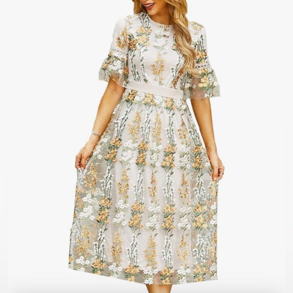 Floral Embroidered Midi Round Neck, Half Sleeve Dress, XL, NWOTs